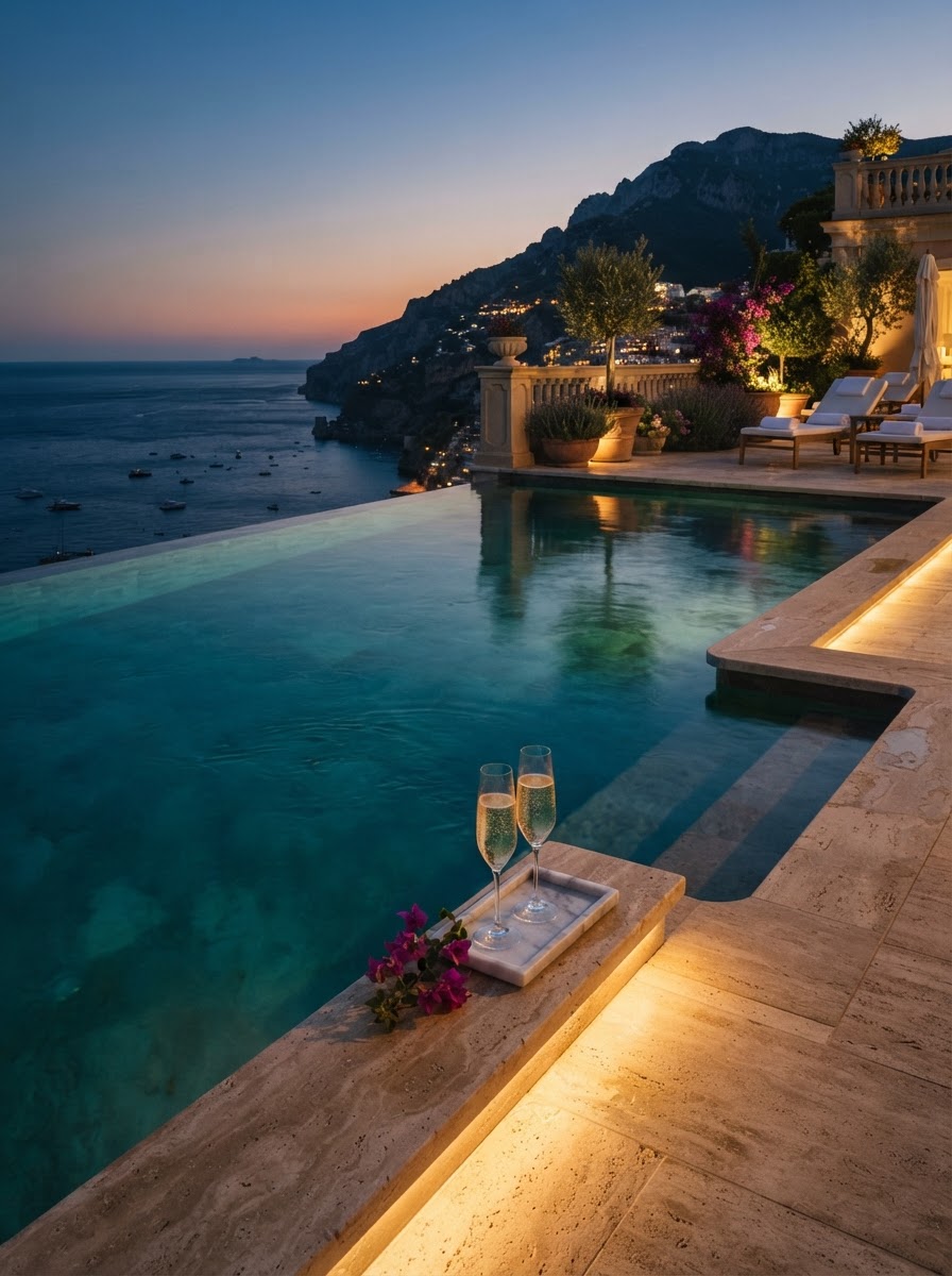 Luxury infinity pool at a five-star Mediterranean resort at dusk