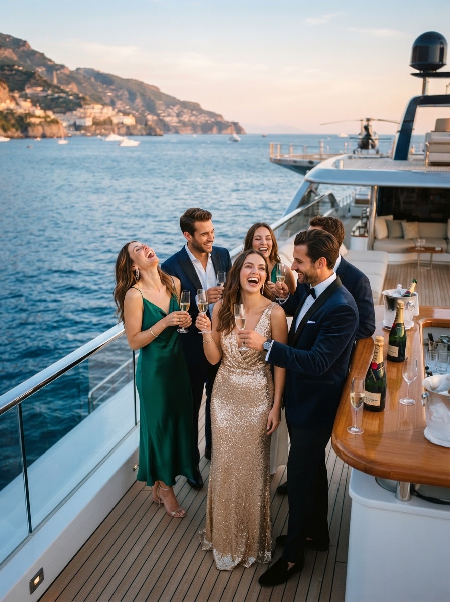 Young professionals celebrating on the sun deck of a private mega yacht at golden hour