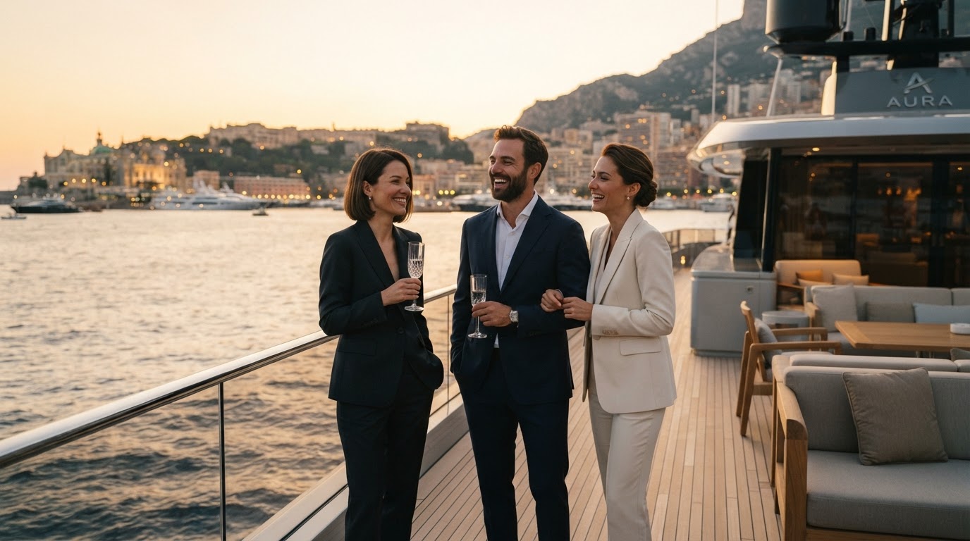 Young professionals in tailored suits on a mega yacht at golden hour on the Monaco Riviera