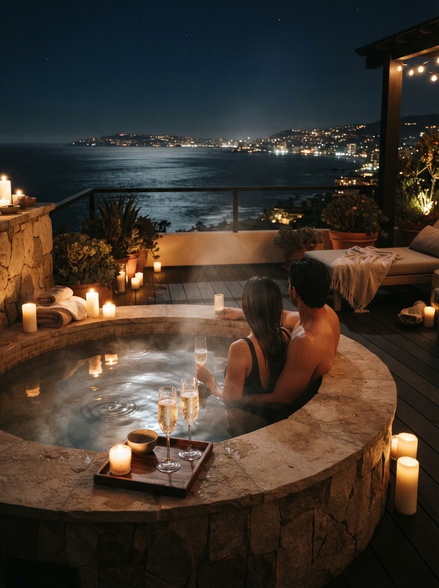 Private rooftop hot tub terrace overlooking the ocean at night