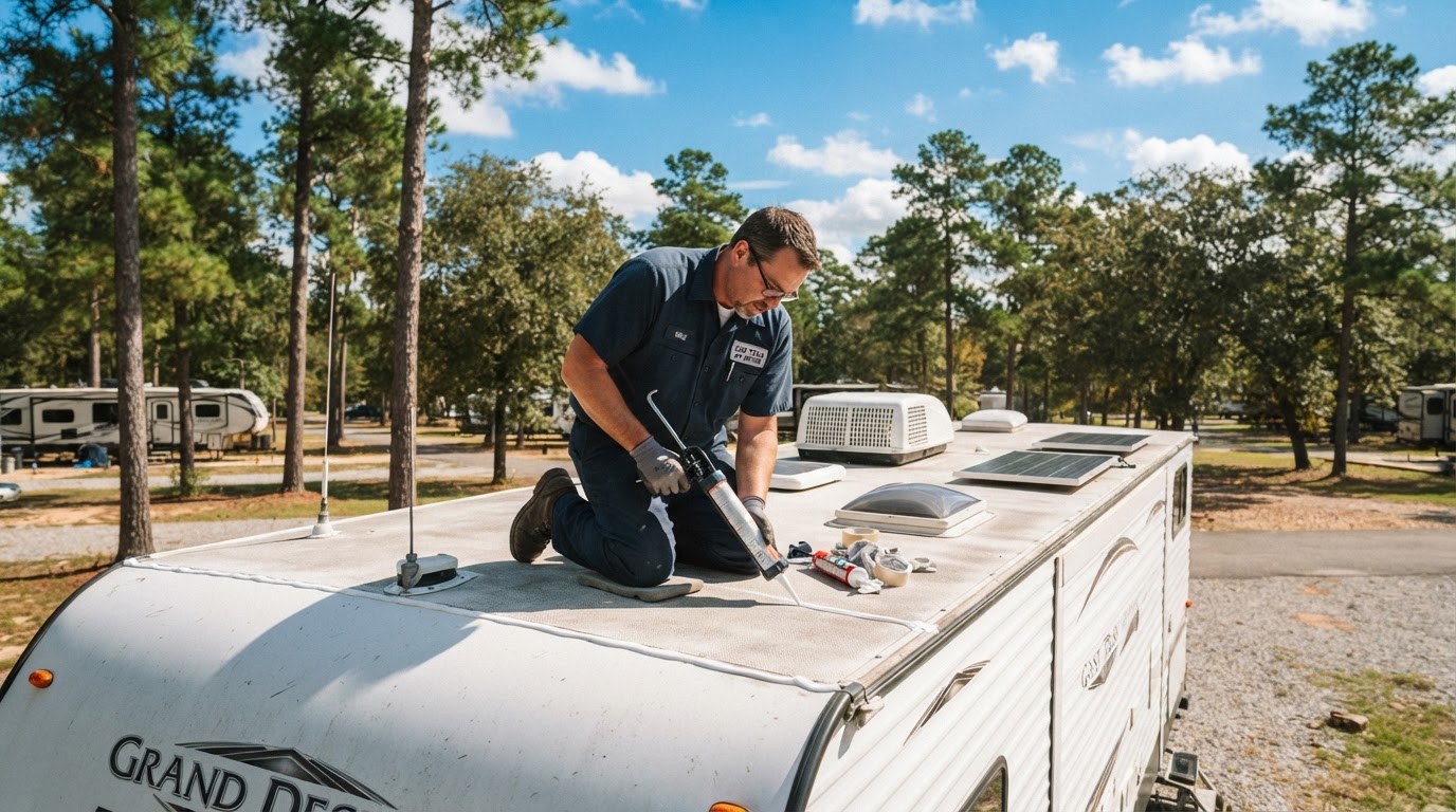 Technician repairing an RV roof in East Texas