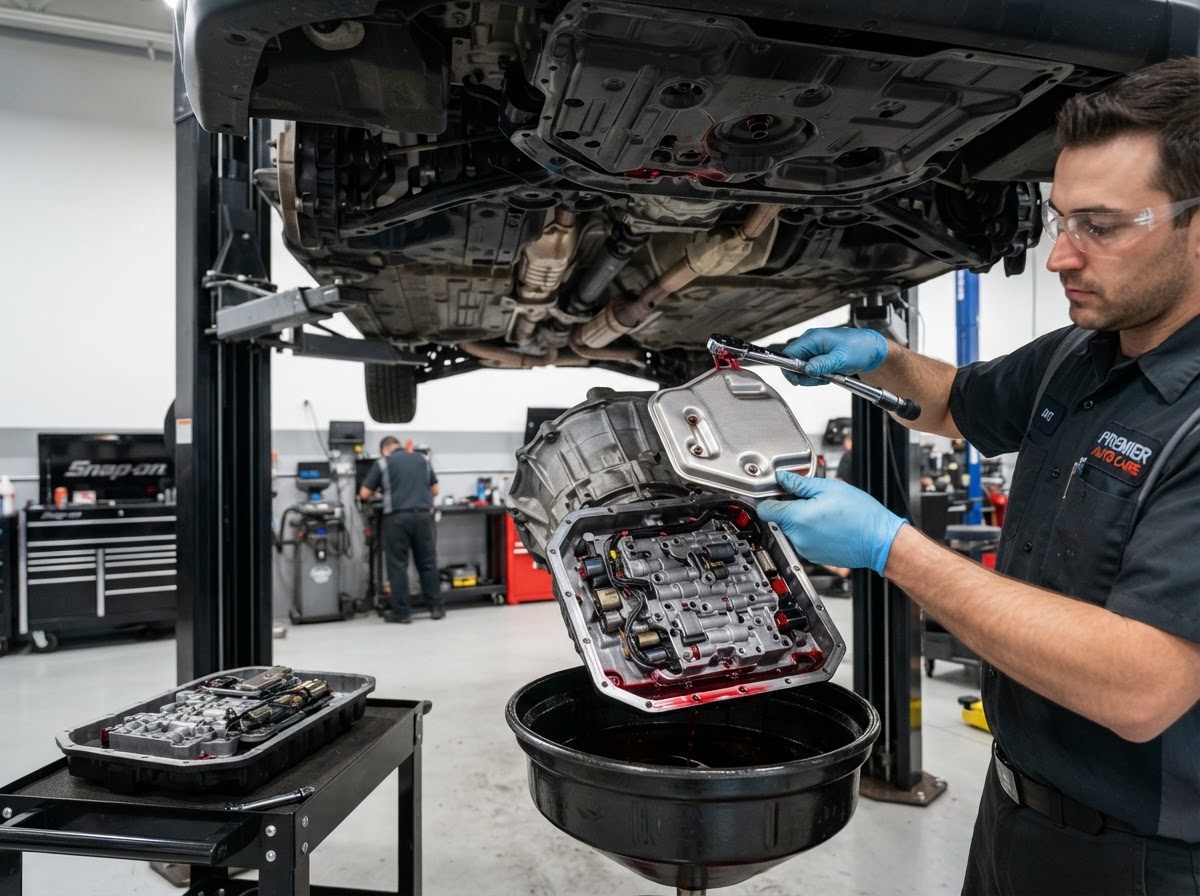 Transmission fluid and filter service being performed on a vehicle with the transmission pan visible in a clean auto repair shop