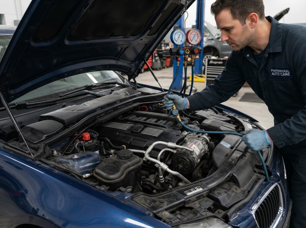 An automotive air conditioning system being serviced under the hood with A/C compressor and refrigerant lines visible