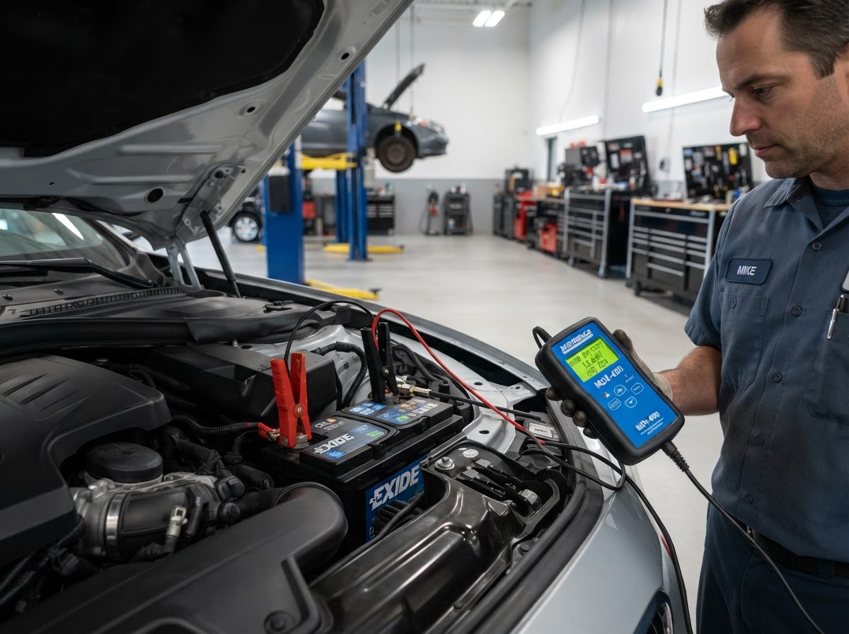 A car battery being tested with professional battery testing equipment in a clean auto repair shop