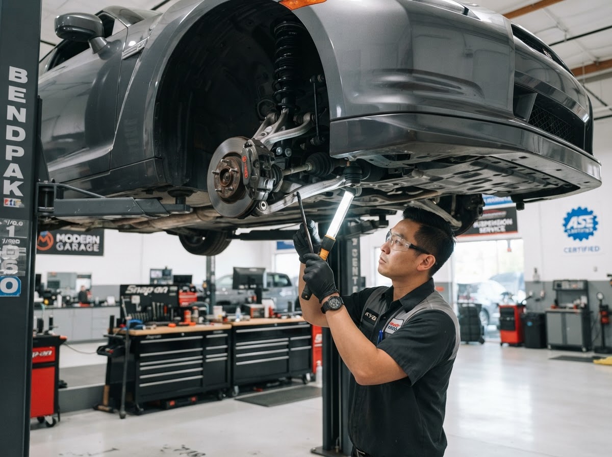Suspension components including control arms, tie rods, and struts being inspected on a vehicle raised on a lift