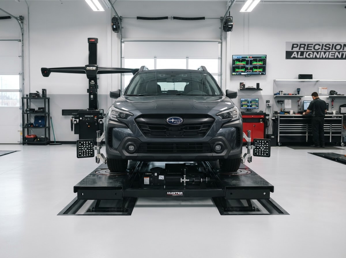 A vehicle on a computerized wheel alignment machine with alignment targets mounted on the wheels in a professional auto repair shop