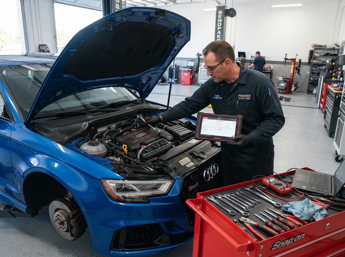 A mechanic performing engine repair and rebuilding work on a vehicle engine in a clean professional auto repair shop