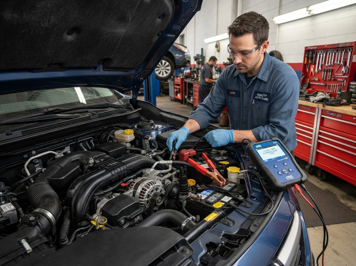 A car alternator and charging system being tested with electrical diagnostic equipment under the hood in a professional auto repair shop