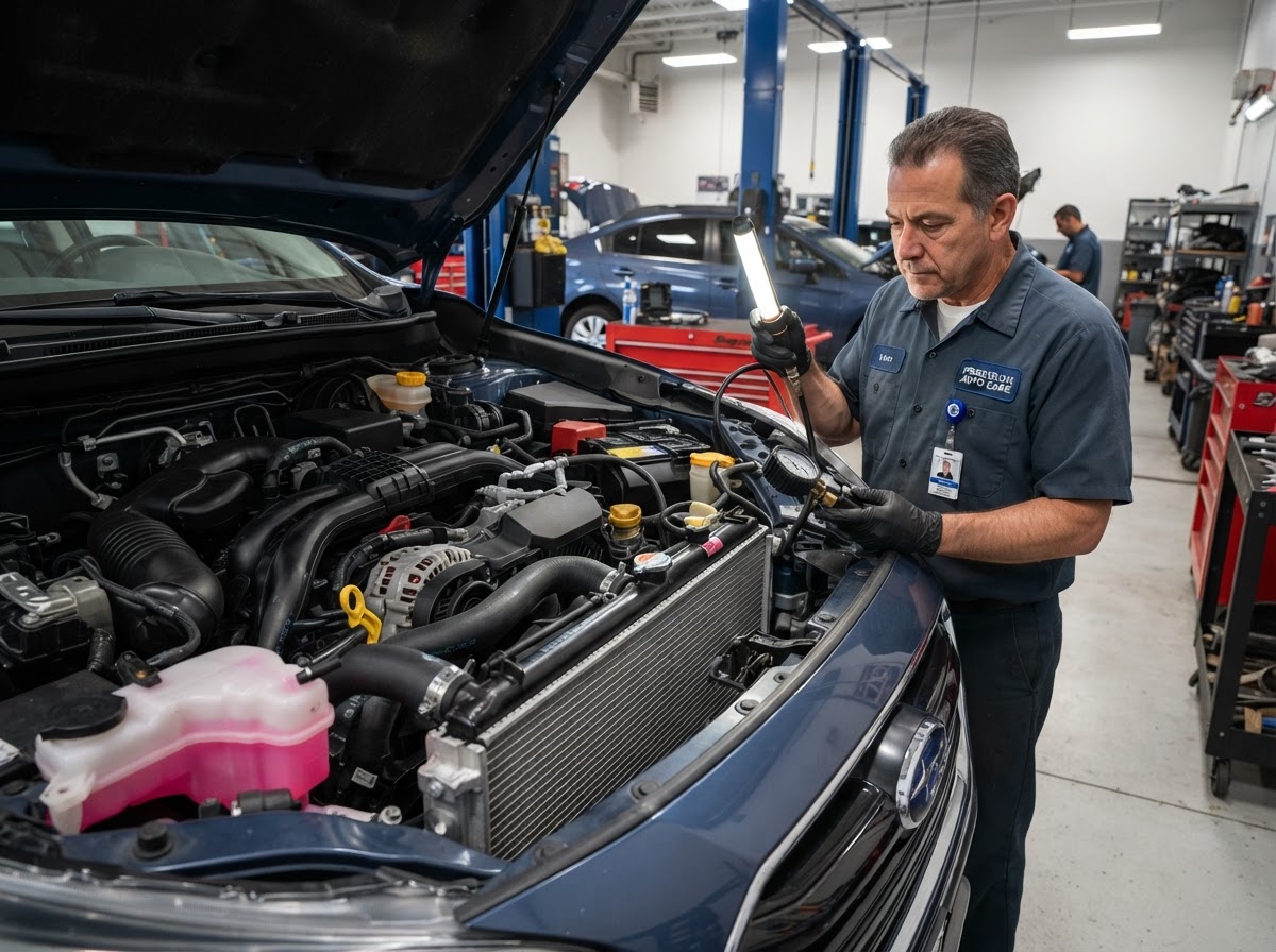 A vehicle radiator and cooling system being inspected in a professional auto repair shop with coolant hoses visible
