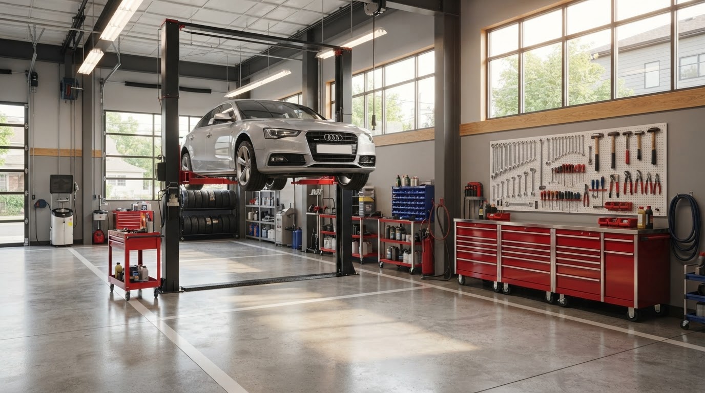 A clean auto repair service bay with a vehicle raised on a lift and organized red tool cabinets