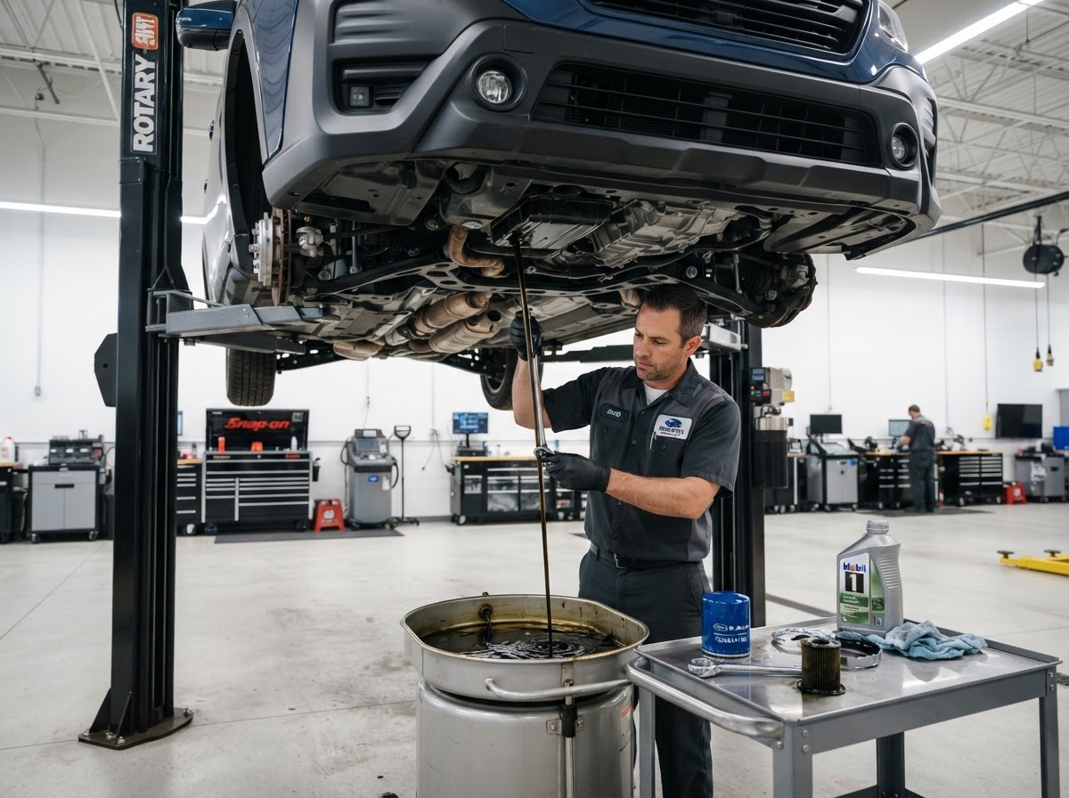 An engine oil and filter change being performed on a vehicle with fresh oil draining into a pan in a clean service bay