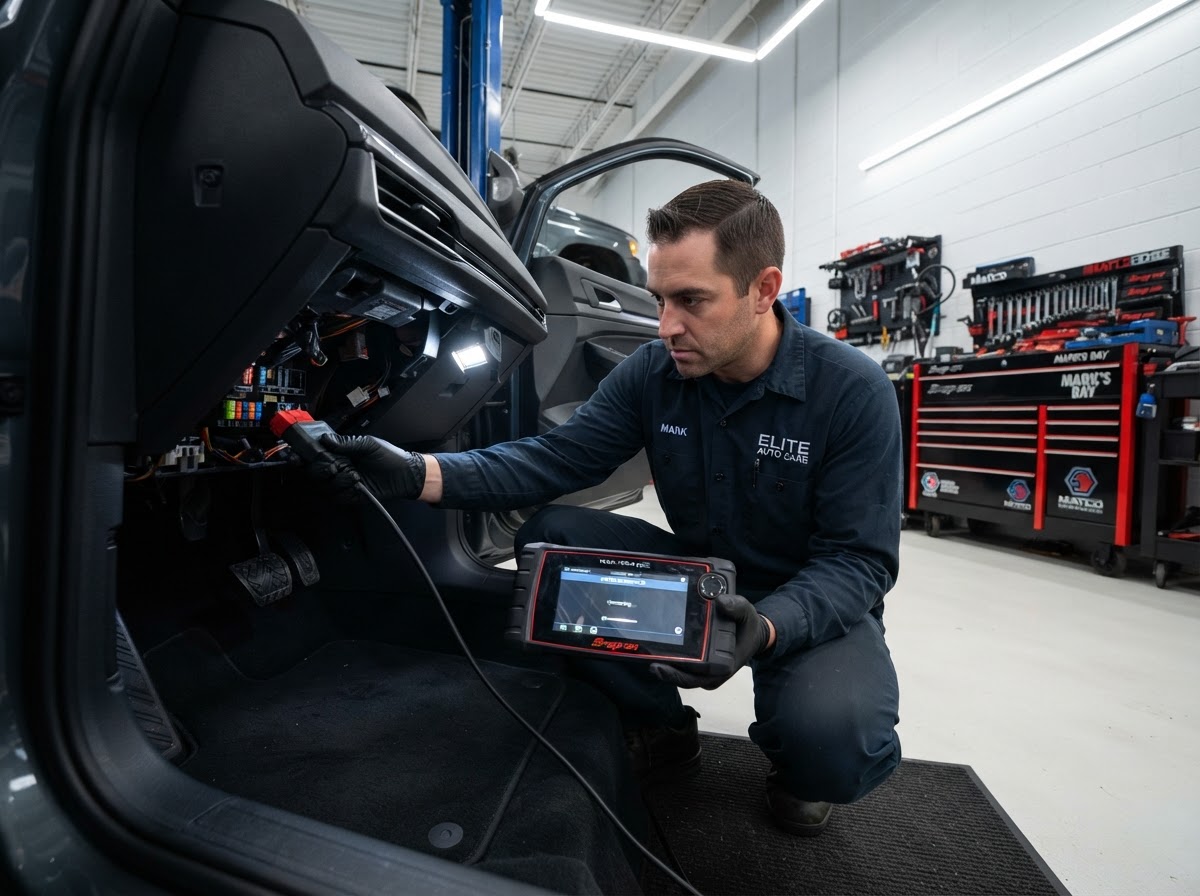 A mechanic connecting a diagnostic scan tool to a vehicle's OBD port during an engine diagnostic check
