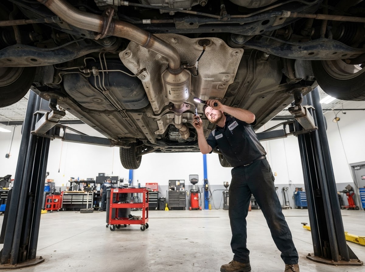 A catalytic converter and exhaust system being inspected underneath a vehicle raised on a lift in a professional auto repair shop