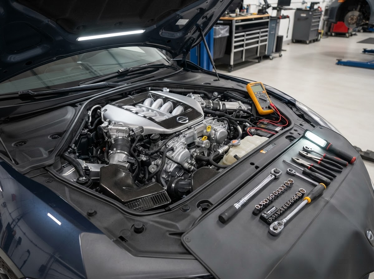 A vehicle engine bay during inspection and repair with clean, organized tools