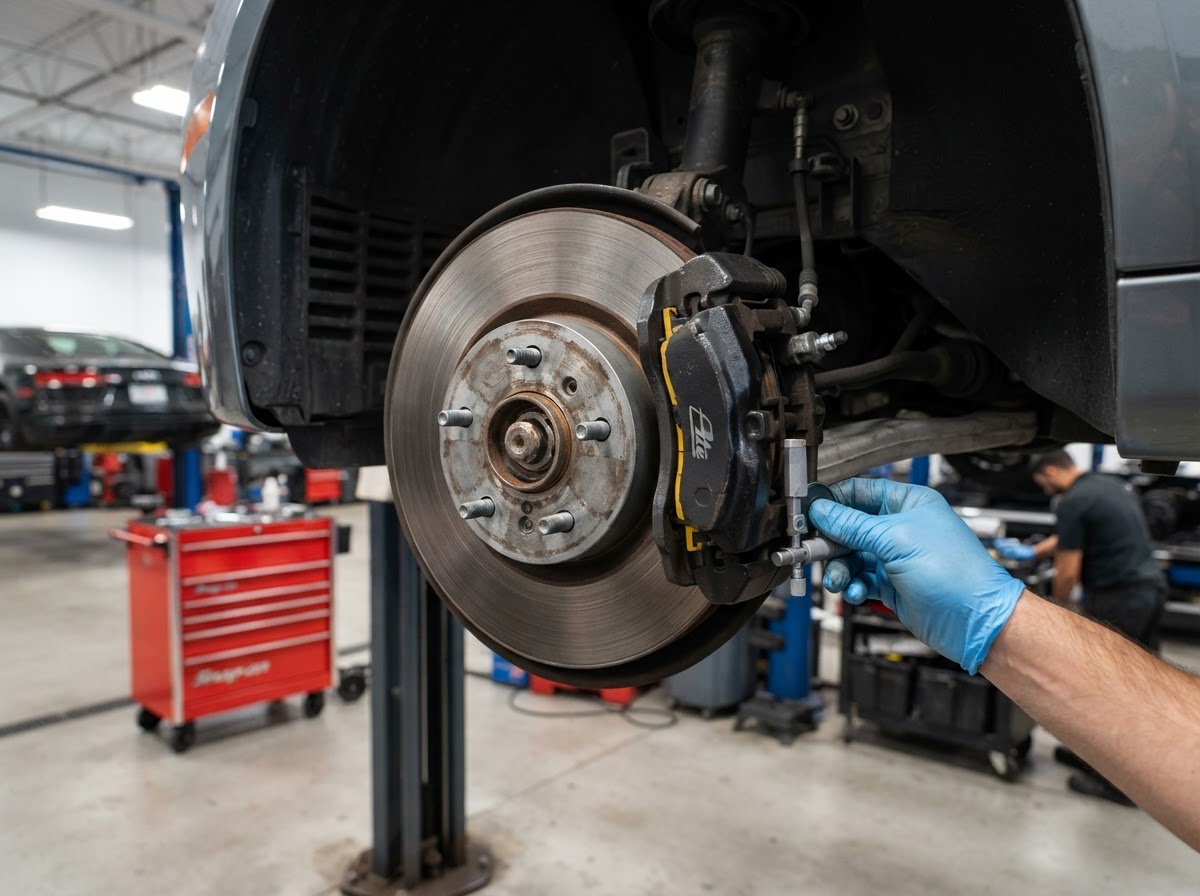 Brake pads and brake rotors being inspected on a vehicle wheel hub during a brake service in a professional auto repair shop