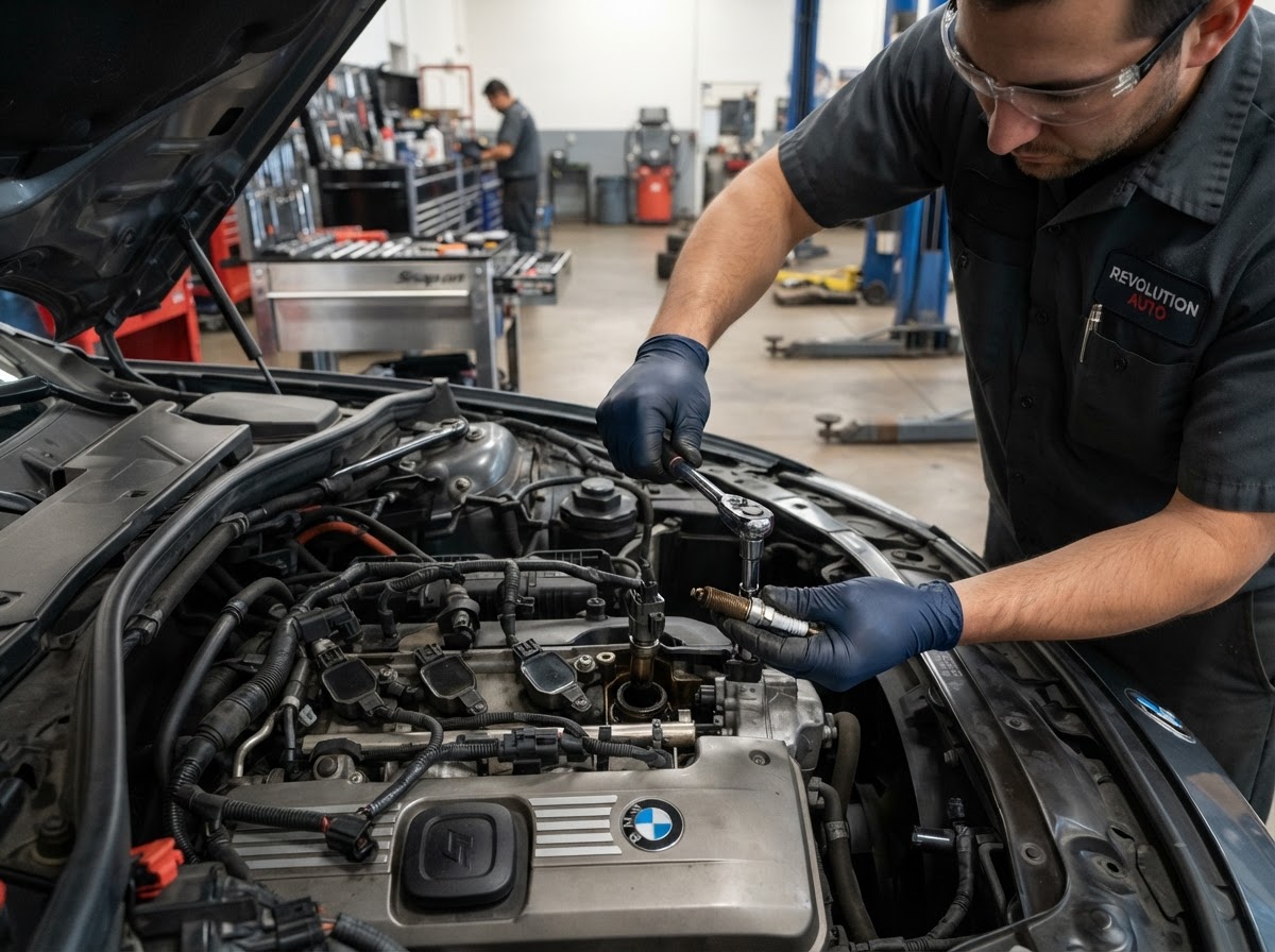 Spark plugs and ignition coils being inspected and replaced during an engine tune-up in a professional auto repair shop