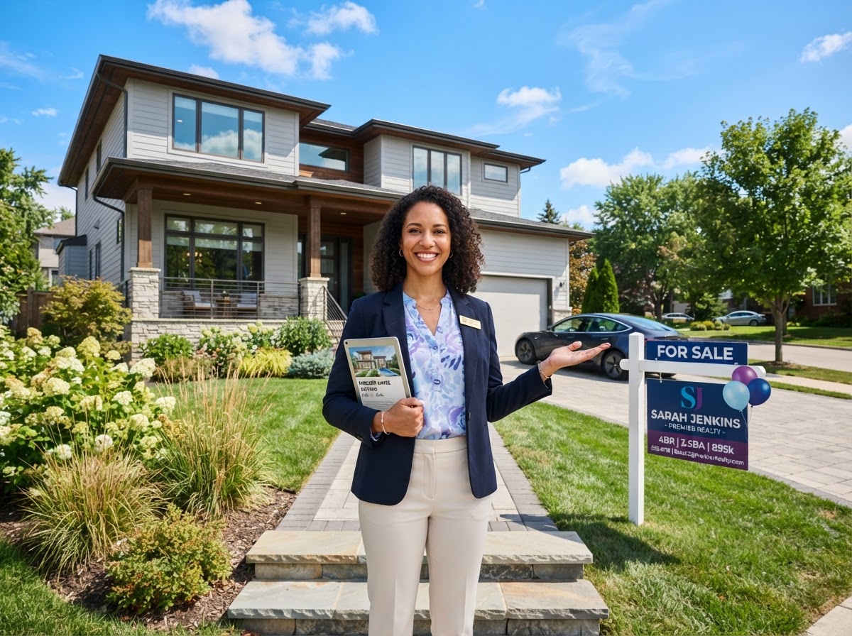 Real estate agent with a tablet in front of a home for sale