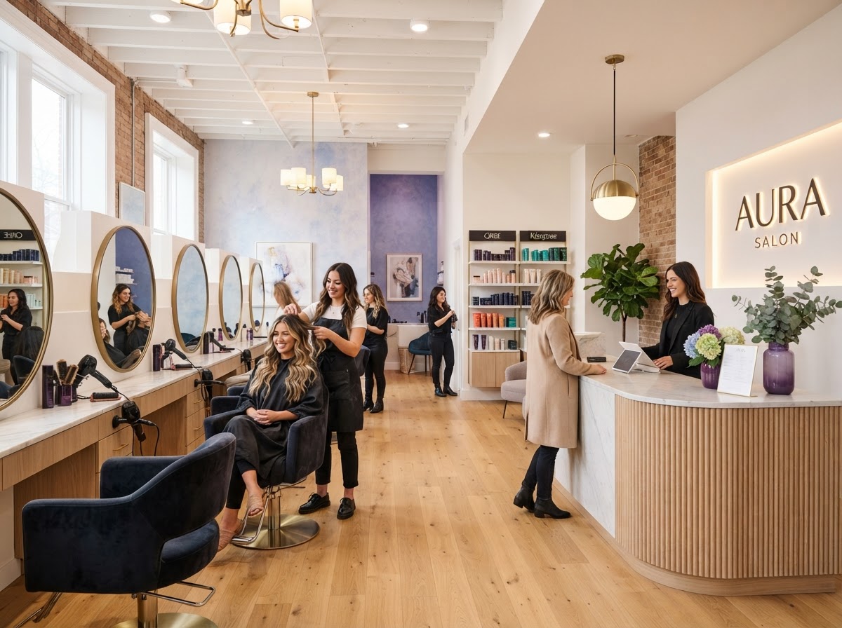 Bright, modern upscale salon interior with styling stations