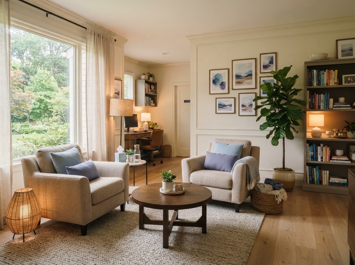 Calm, private therapy and counseling office with soft natural light