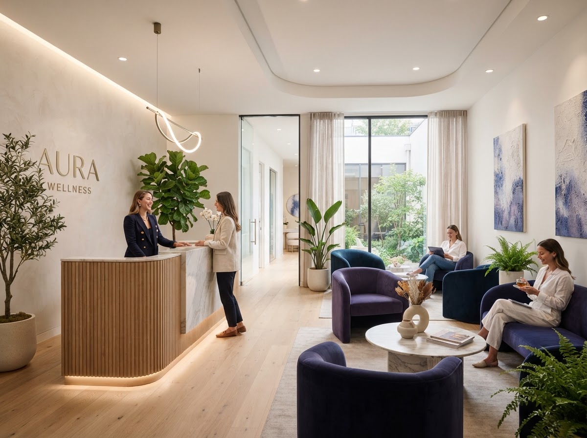 Serene, modern med spa reception area