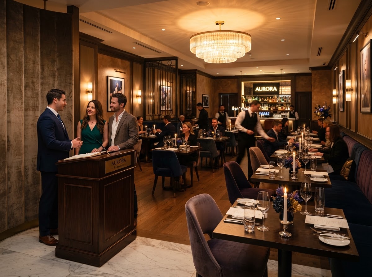 Elegant upscale restaurant interior with warm ambient lighting