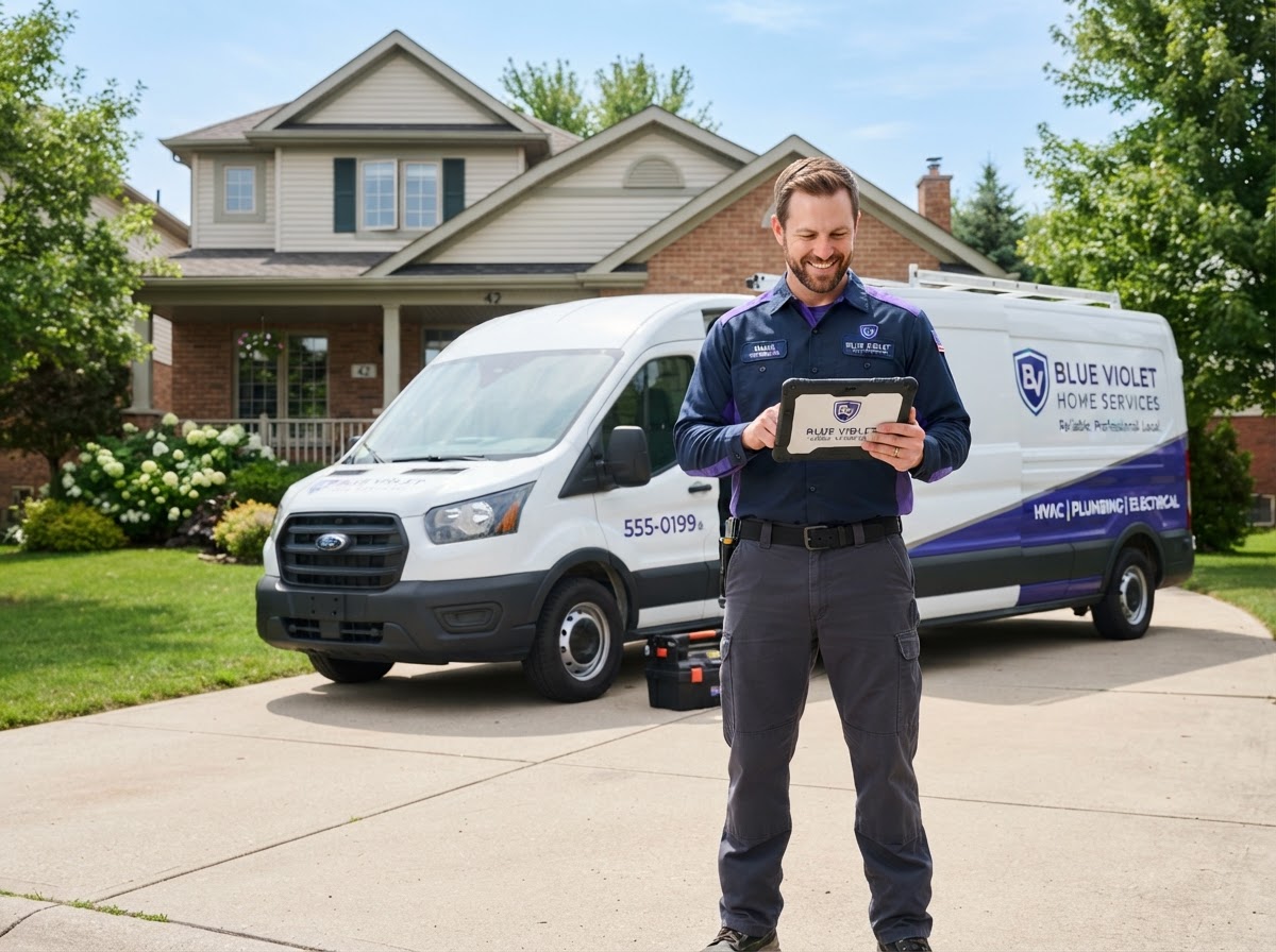 Home services contractor with a tablet near a service van