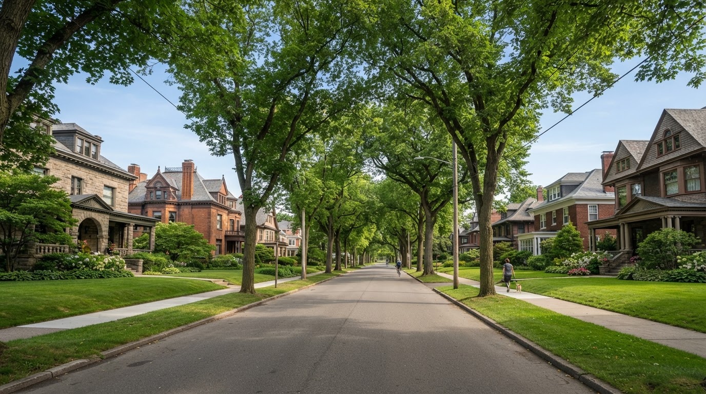 Tree lined residential street in Rochester New York