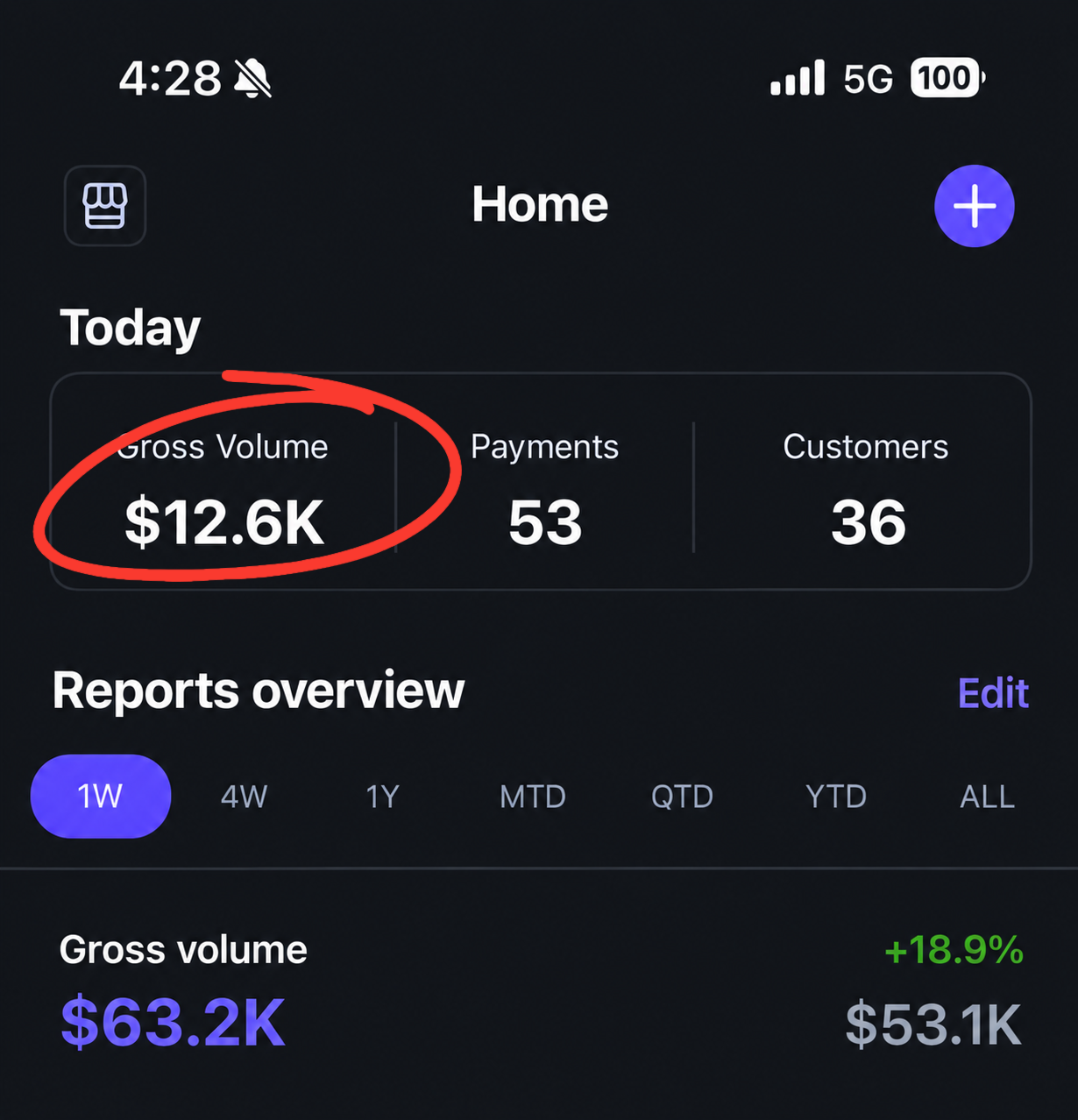 Stripe sales proof — $12.6K Today / $63.2K weekly gross volume