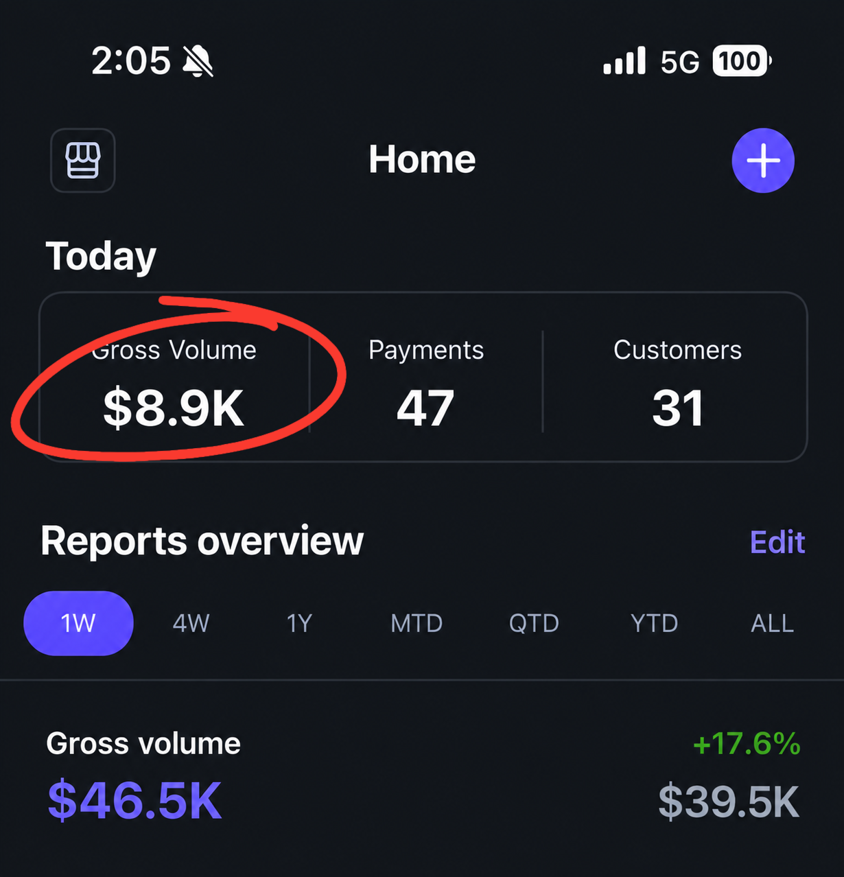 Stripe sales screenshot 5 — $8.9K today / $46.5K gross volume
