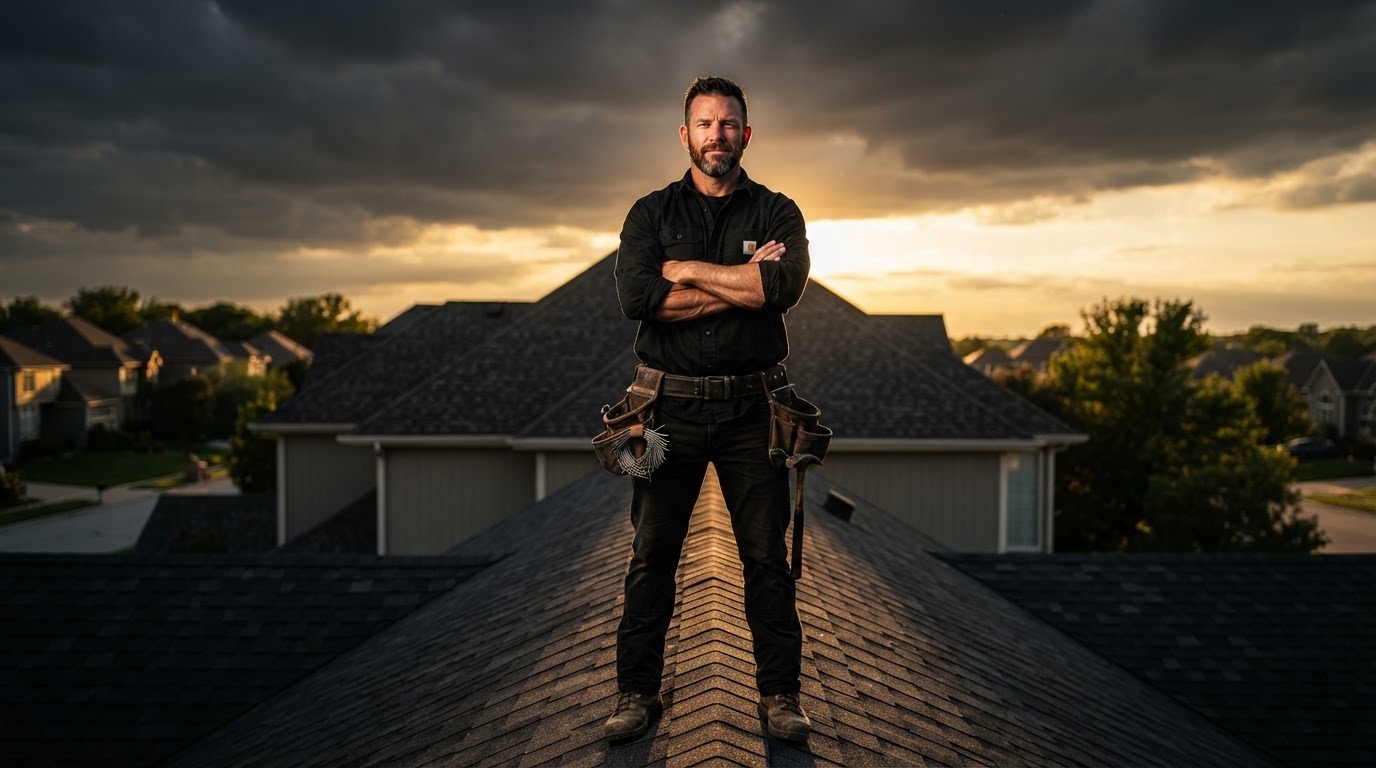 Confident roofing contractor on the job at golden hour