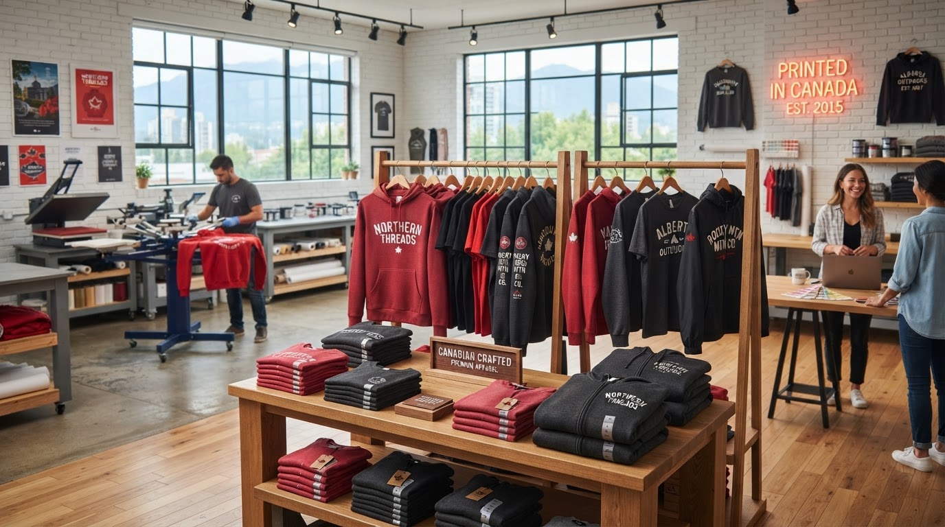 Custom printed hoodies, t-shirts and apparel neatly displayed in Canadian print studio