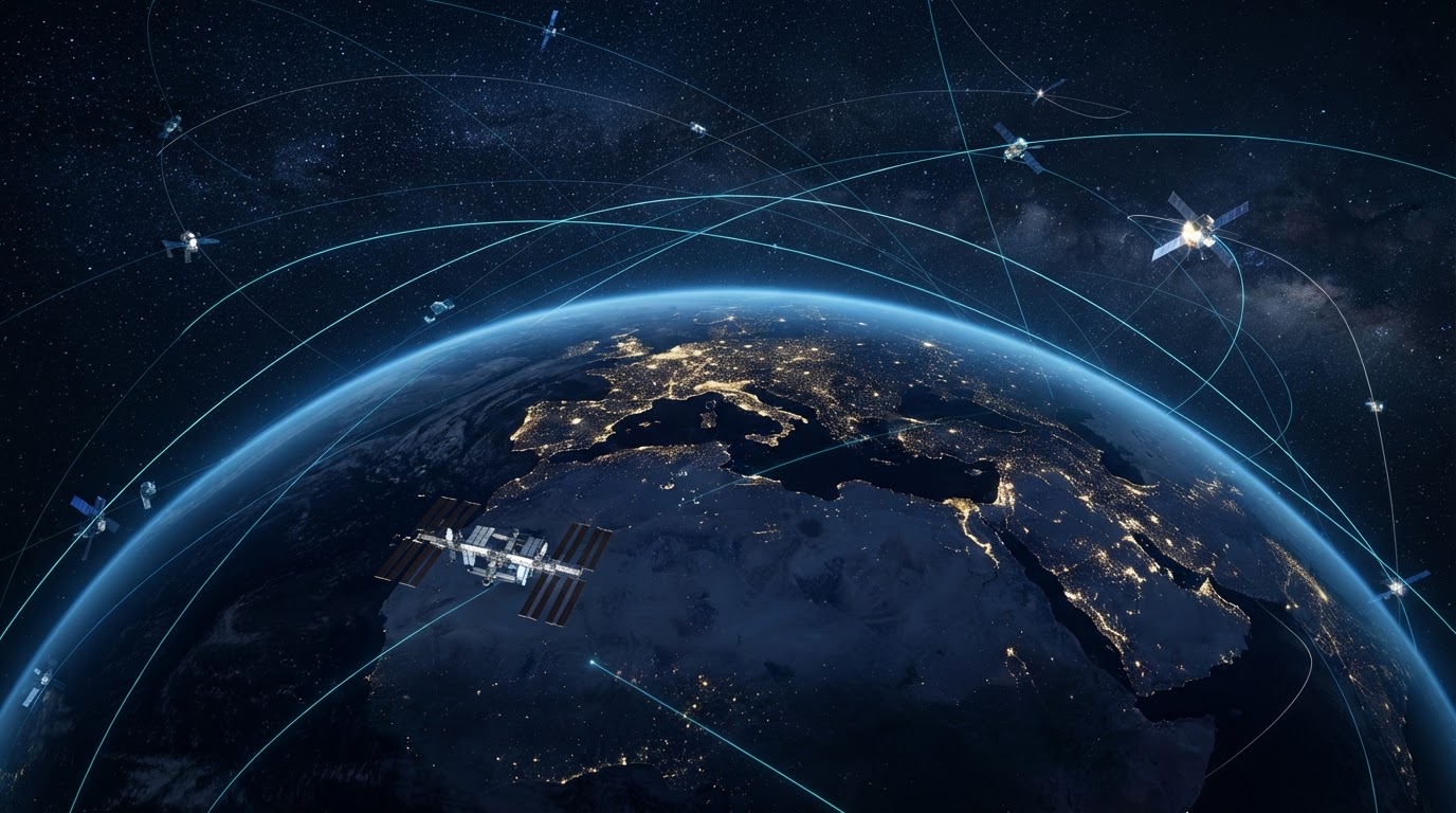 Earth from orbit at night with orbital trajectory arcs