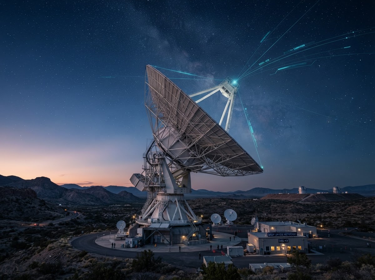 Ground station antenna dish at twilight dusk pointed to deep space