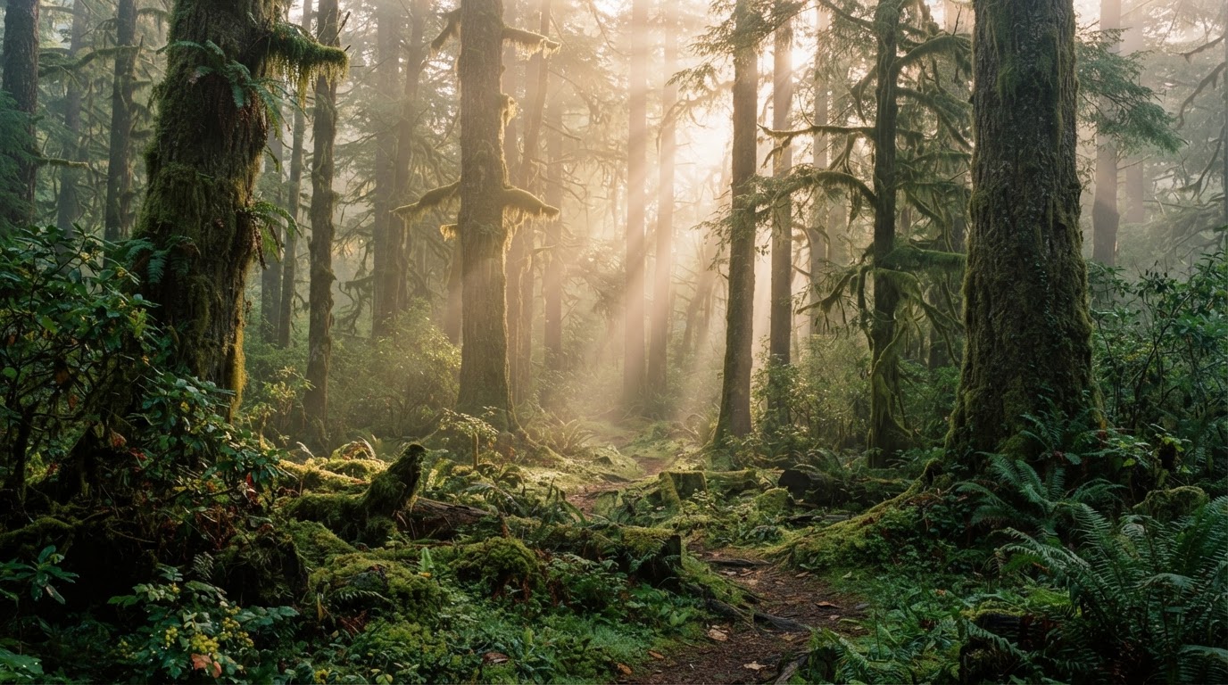 Nebliger Wald im Morgengoldlicht