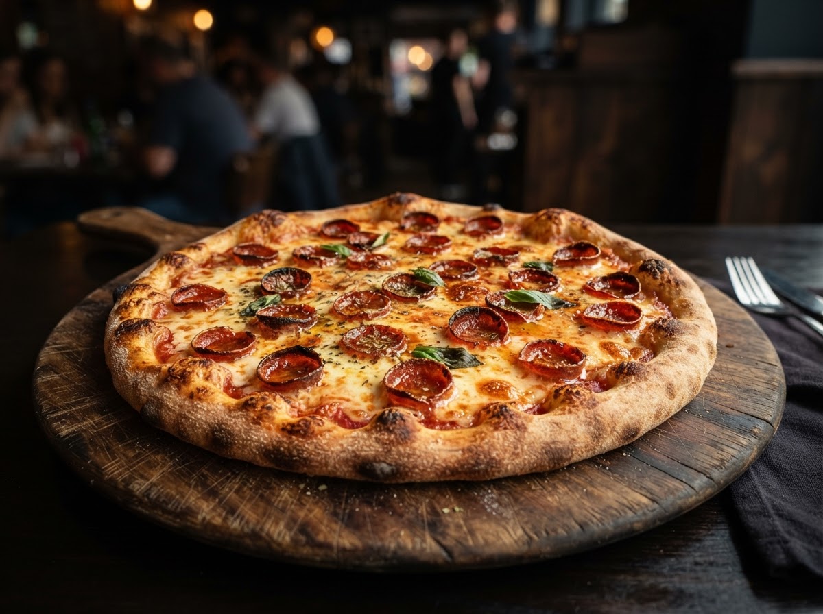 Whole halal pepperoni pizza with melted mozzarella at Deen's in Katy TX