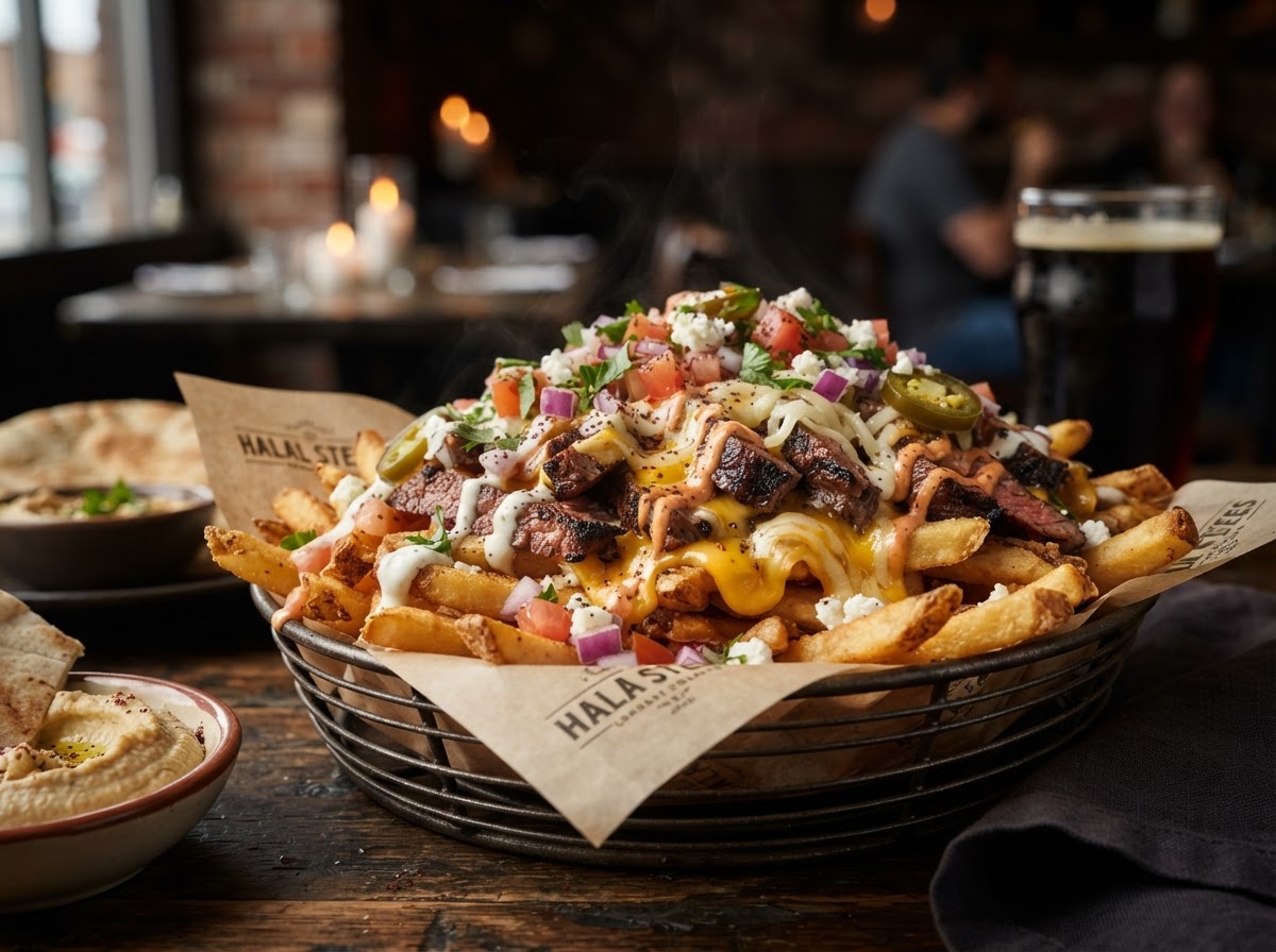 Loaded Kryptonite halal specialty dish with steak, cheese and fries at Deen's in Katy TX