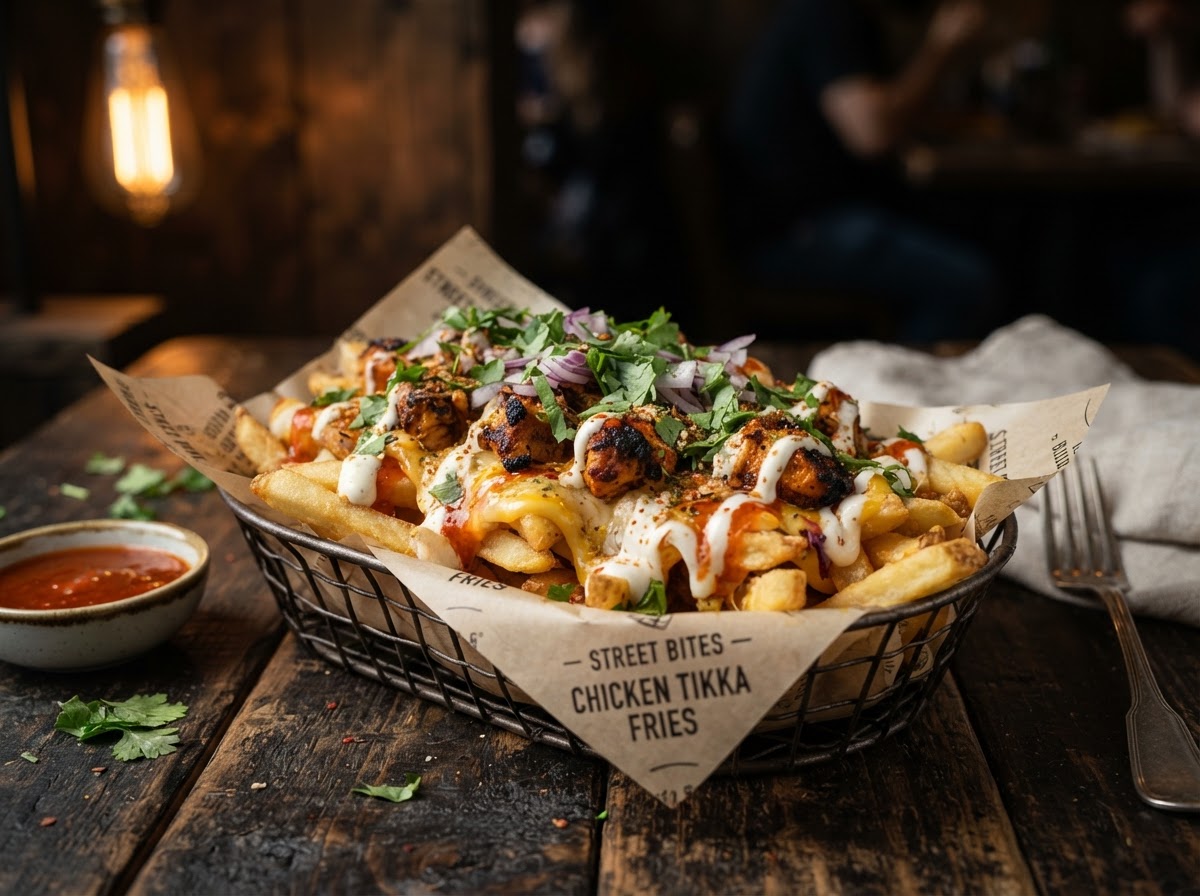 Loaded tikka fries with halal chicken and melted cheese at Deen's in Katy TX