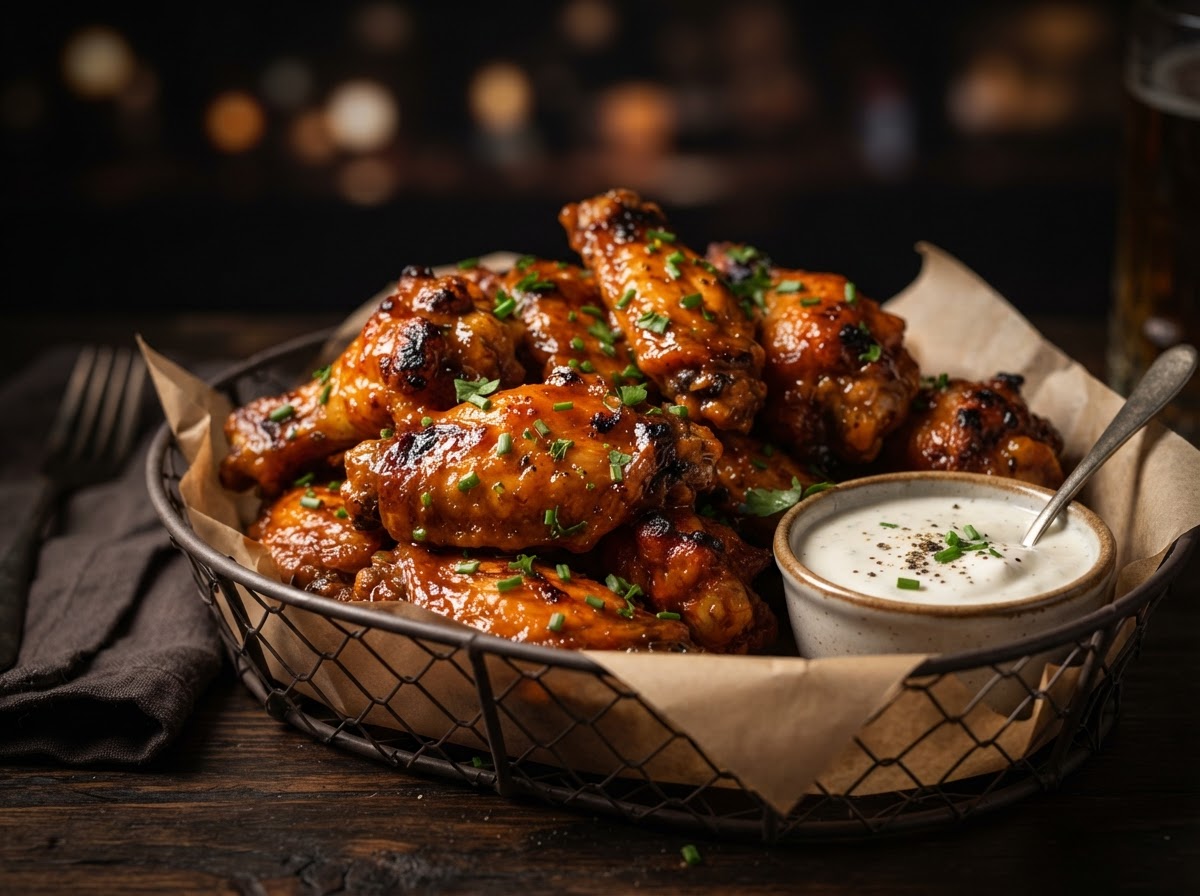Glazed halal buffalo chicken wings with ranch dip at Deen's in Katy TX