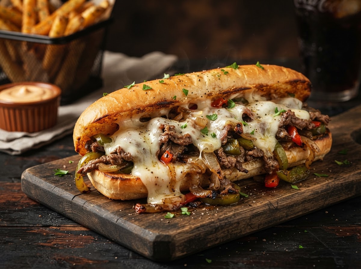 Deen's signature loaded halal cheesesteak with peppers and onions in Katy TX