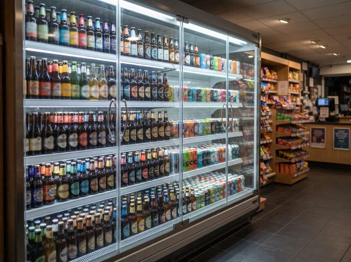 Chilled beer and cider fridge at Calder Road Stores