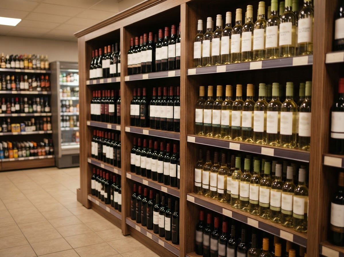Red and white wine shelves in the Calder Road Stores off licence