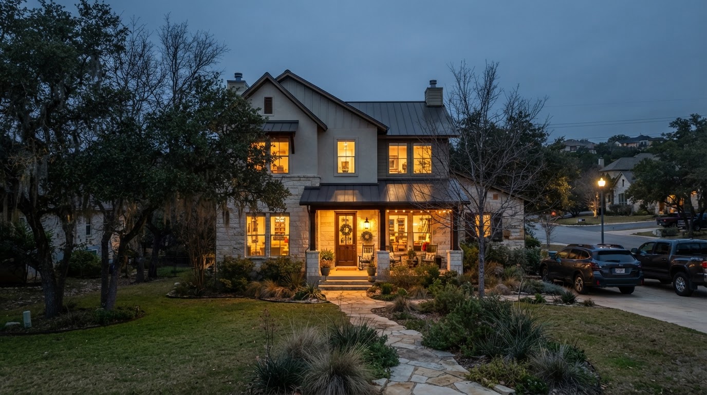 Cozy Austin, Texas home glowing with warm light on a cool winter evening, no snow
