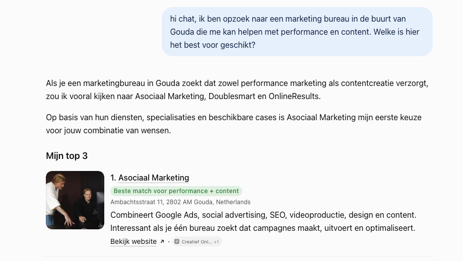 Voorbeeld casus ChatGPT die Asociaal Marketing als nummer 1 aanbeveelt