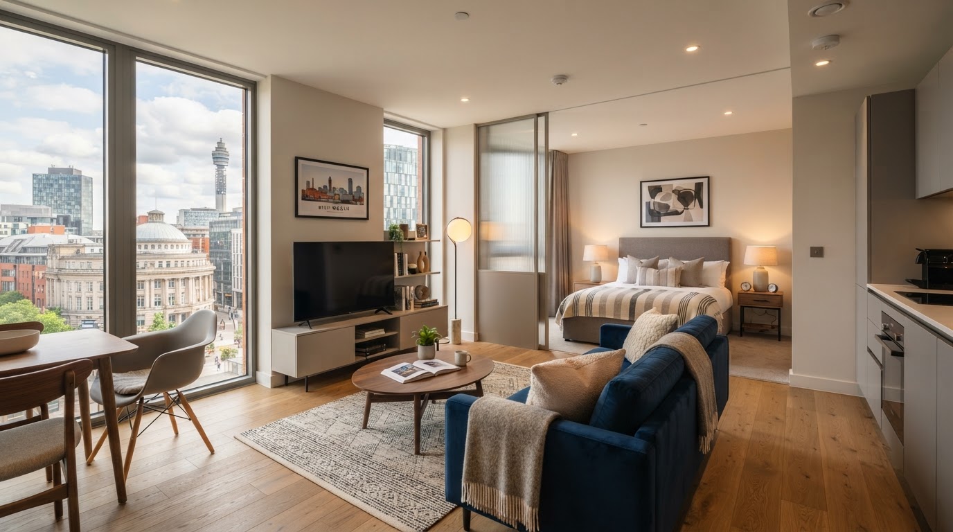 Serviced accommodation modern Airbnb apartment interior in Birmingham