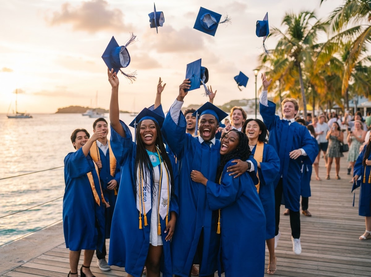 Illustrative celebration of a diverse group of graduates, including Black graduates, tossing caps by the waterfront