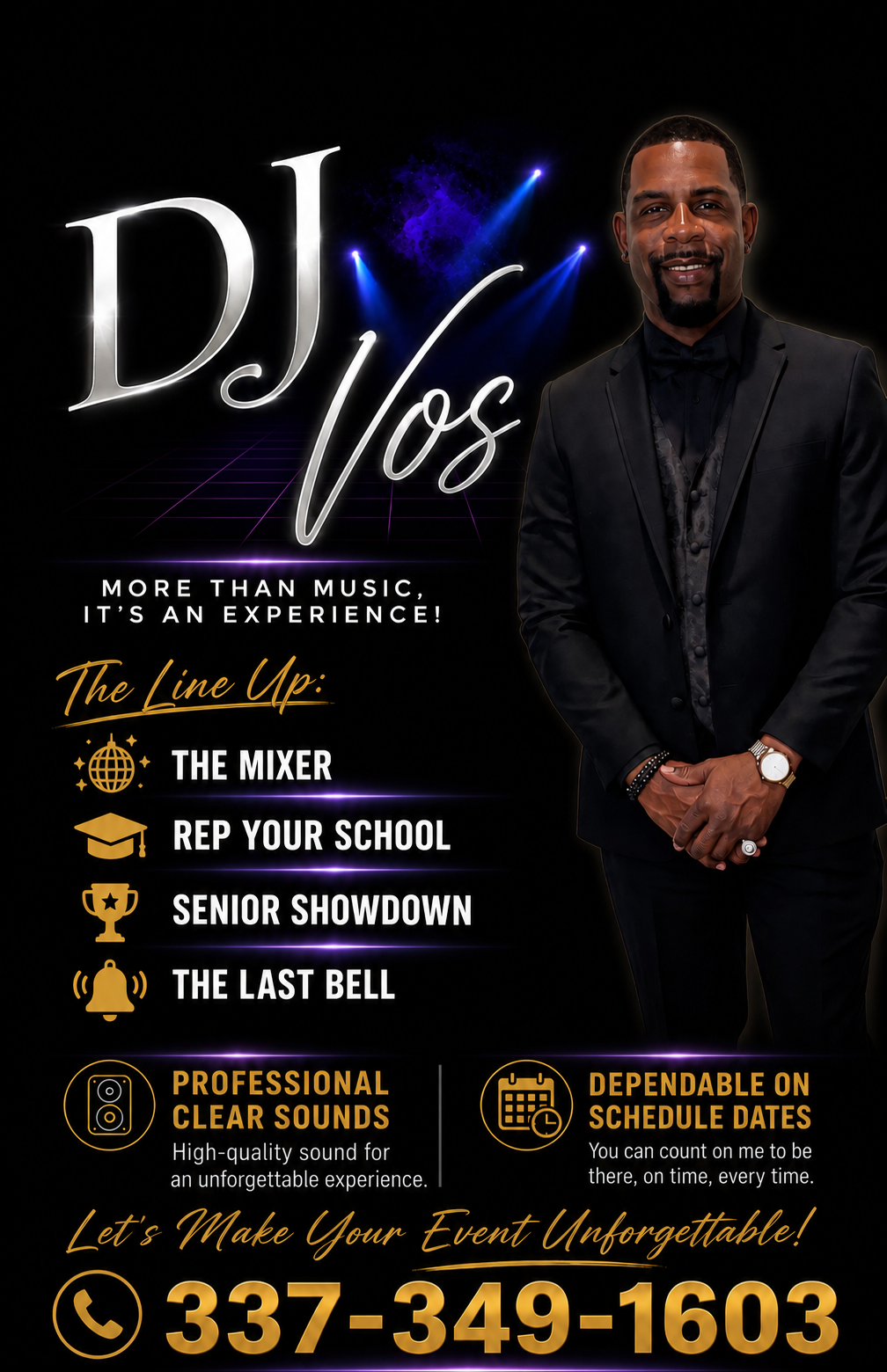 Official DJ Vos photograph and Senior Takeover lineup