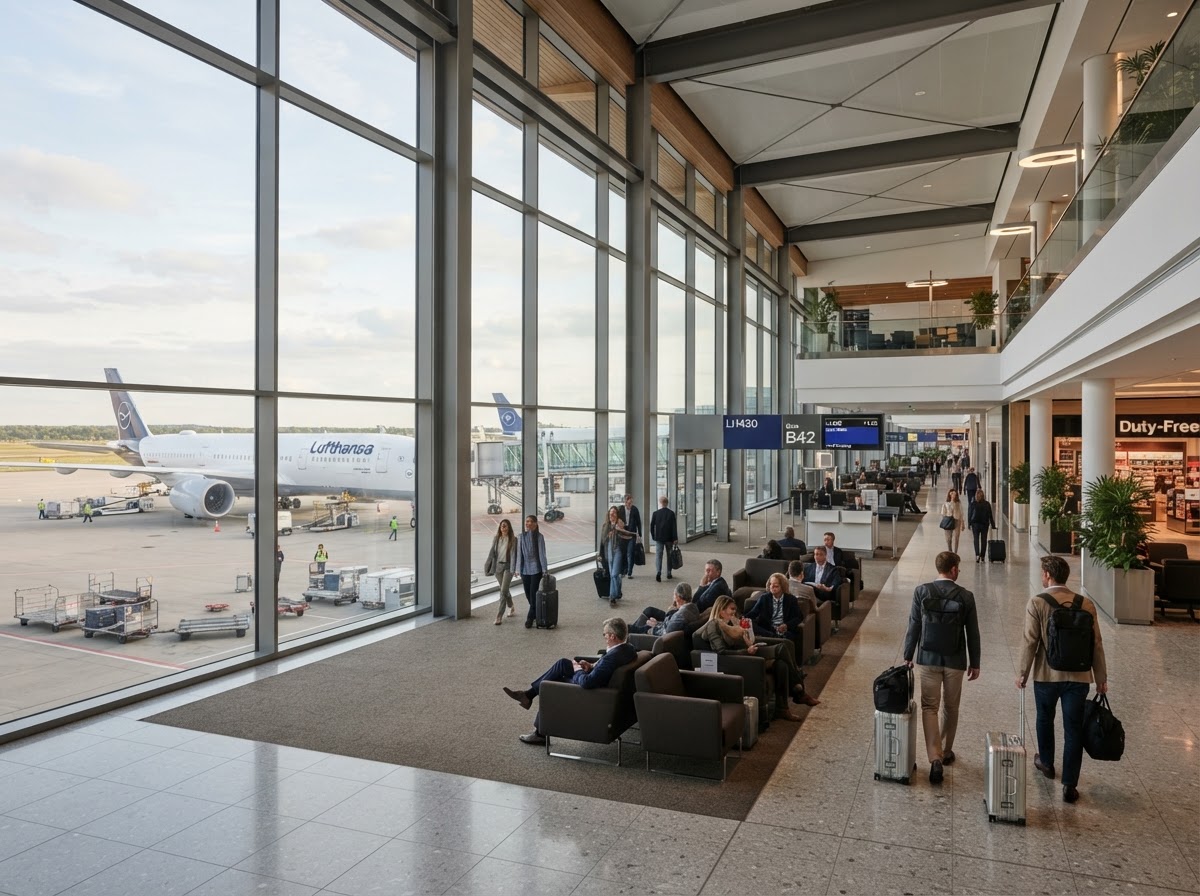 Modern airport terminal with a passenger airplane on the tarmac