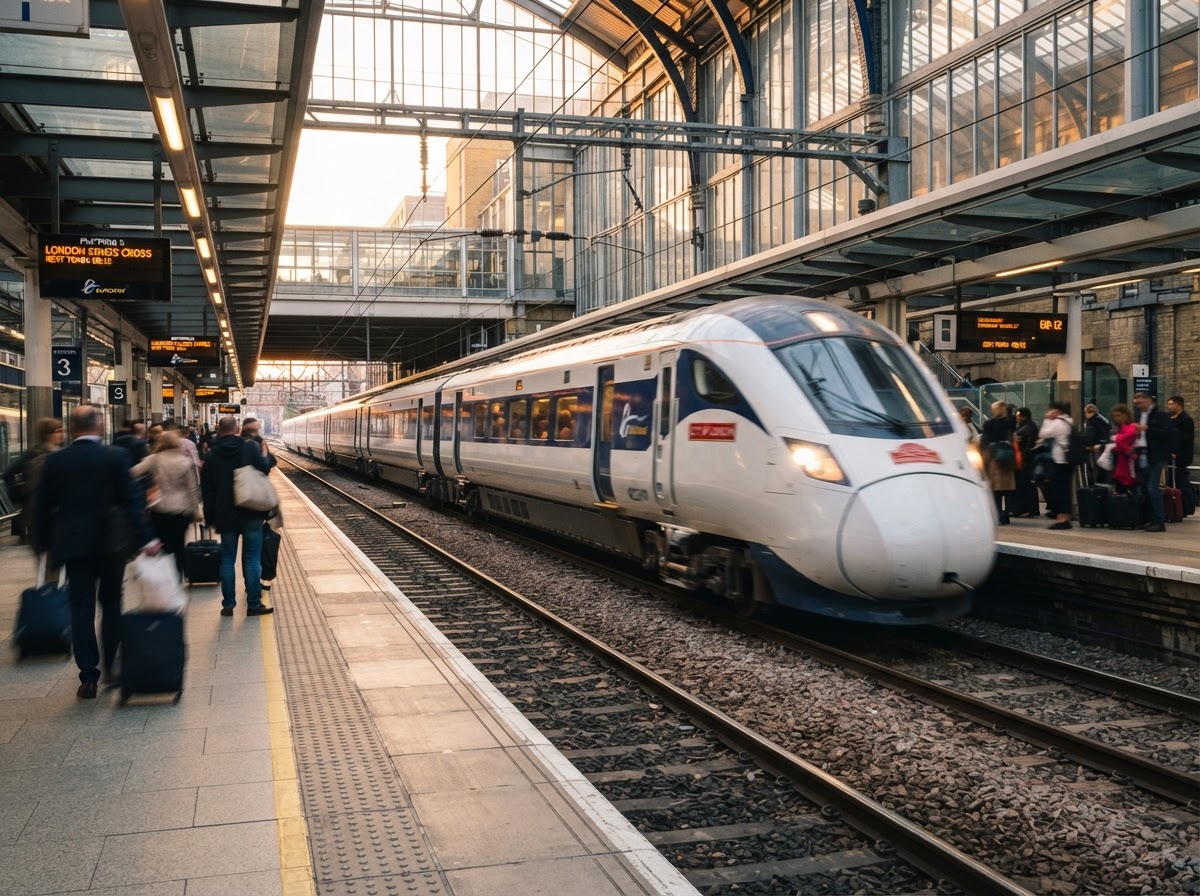 Passenger train at a modern railway station platform