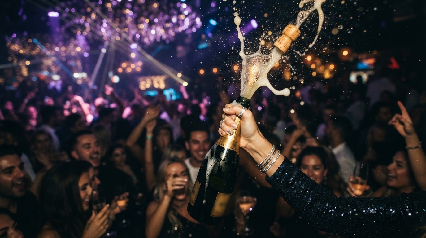 Champagne bottle popping with golden celebratory spray and sparkling bokeh