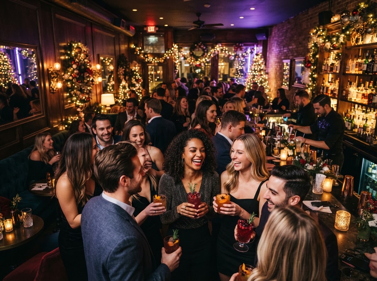 Packed festive holiday lounge with patrons enjoying seasonal cocktails
